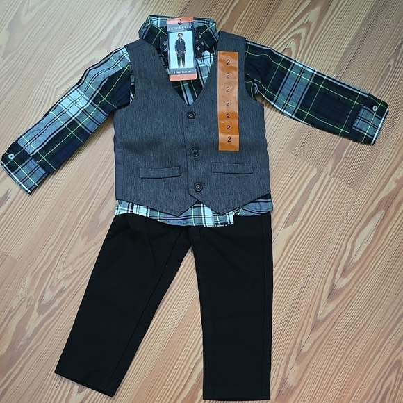 Andy & Evan Other - Plaid Shirt with Gray Vest and Black Pants Set